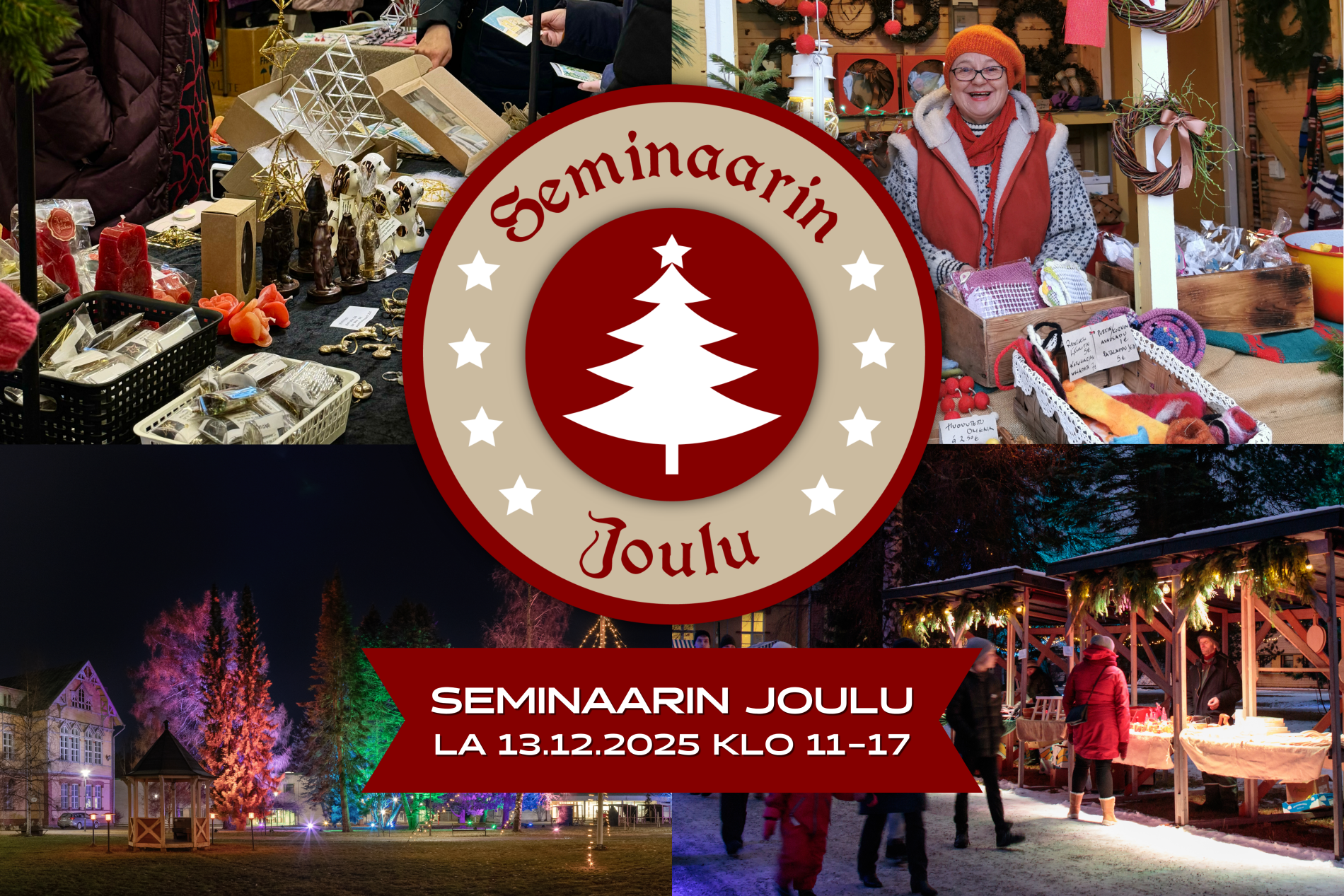 Mainoskuva Seminaarin Joulusta: logo, tapahtumapäivä ja kellonaika sekä kuvakollaasi.