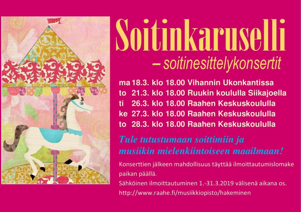 Soitinesittelykonsertit 18.-28.3.2019. Kuva: Raahen Musiikkiopisto. Soitinkaruselli-konserttien mainosjuliste.