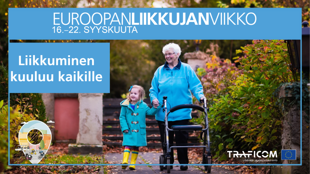Vanhus ja lapsi kävelevät jalkakäytävällä.