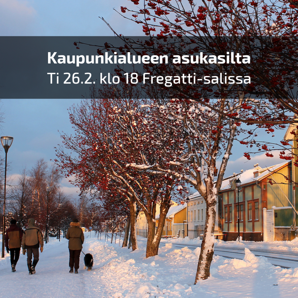 Alkuperäiskuva: Leena Törmälä. Kaupunkialueen asukasillan ilmoituksen kuvituskuva. Talvinen Rantakatu.