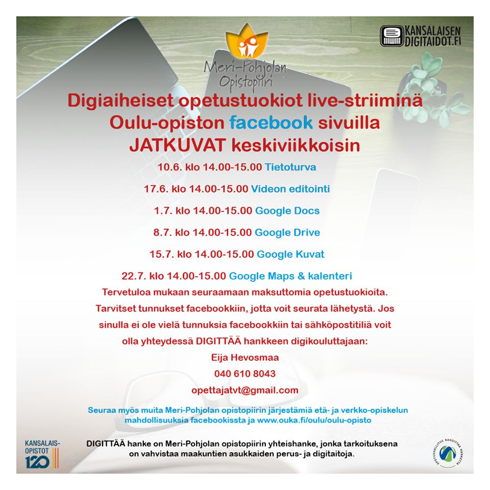 Tervetuloa mukaan seuraamaan Digiaiheisia maksuttomia opetustuokiota. Kuva: Meripohjolan opistopiiri.
