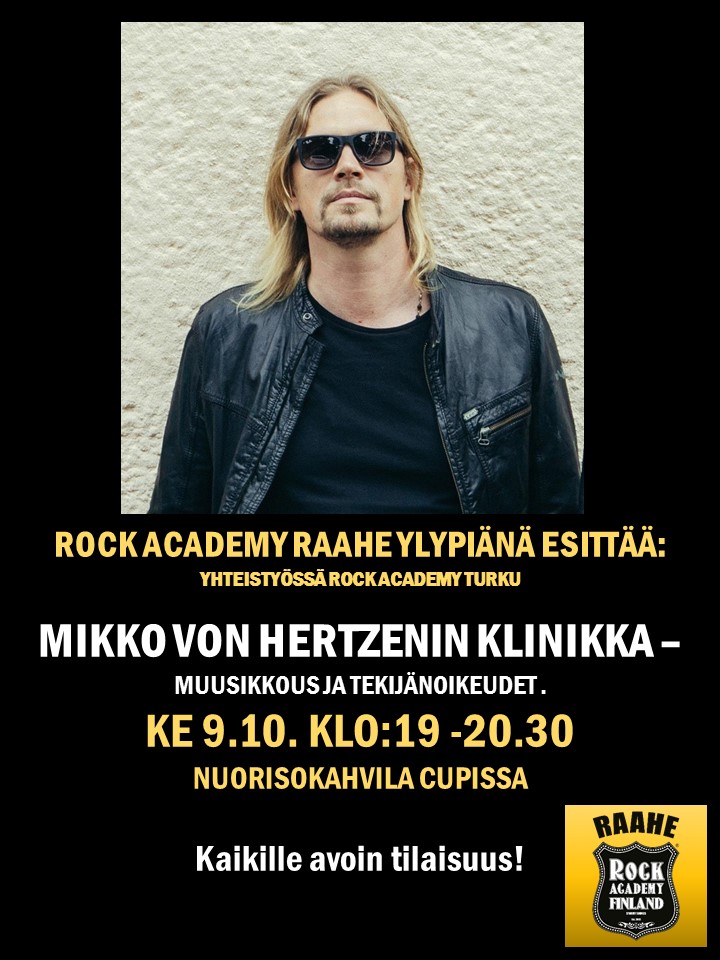Pitkähiuksinen mies aurinkolasit päässä, alaosassa tapahtumatiedot.