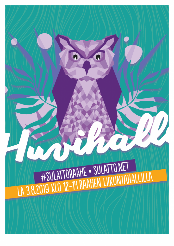 Huvihalli järjestetään jo 17. kertaa. Kuva: Jäljen jättiläinen. Huvihallin vihreä juliste, minkä keskellä violetti pöllö.