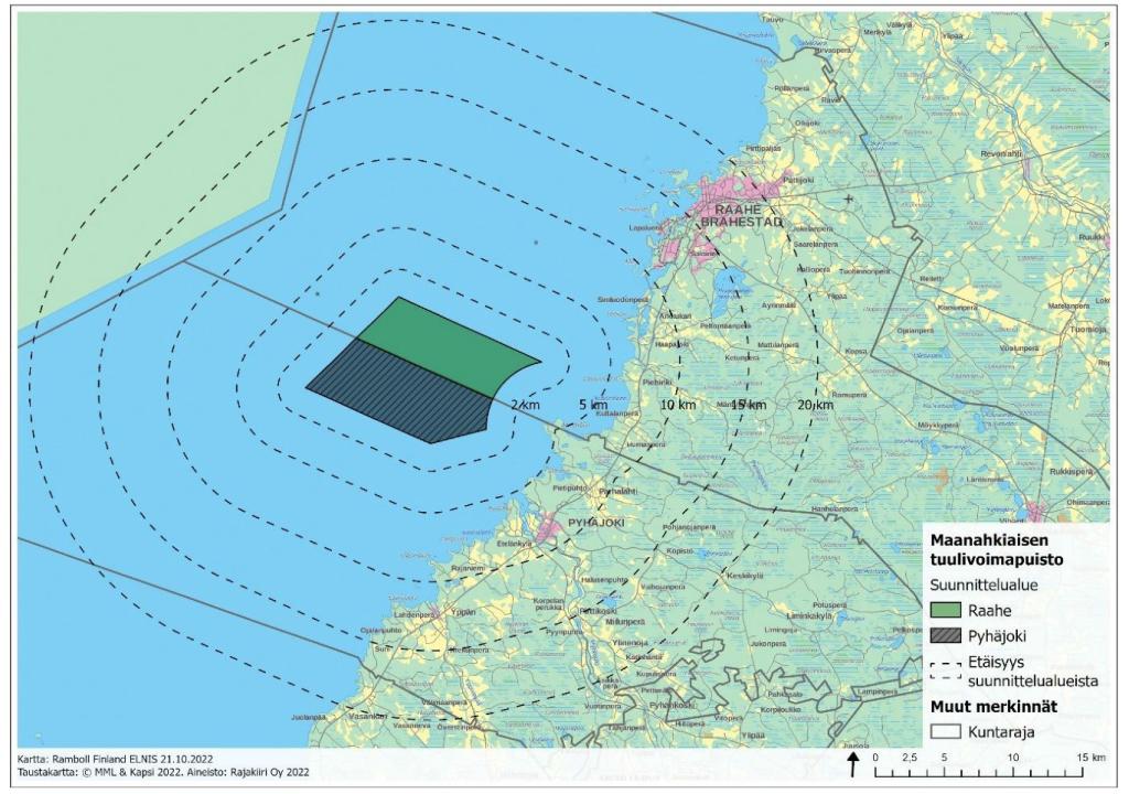 Karttaan merkitty suunnittelualueen sijainti Raahen ja Pyhäjoen edustalla rannikolla. 