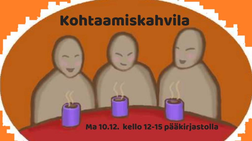 Kohtaamiskahvila Kolme hahmoa pöydän ääressä, pöydällä kahvimukit