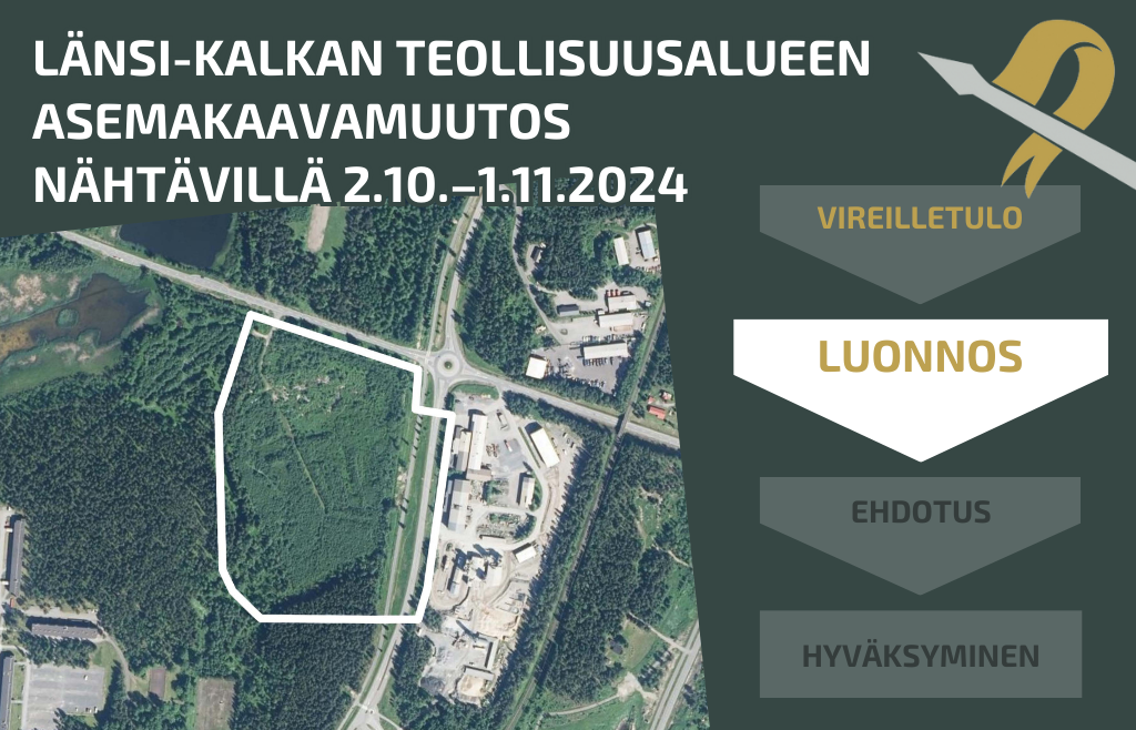 Kuva: Raahen kaupunki/ kartta: MML. Ilmakuva, jossa Länsi-Kalkan teollisuusalueen asemakaavamuutoksen aluerajaus.