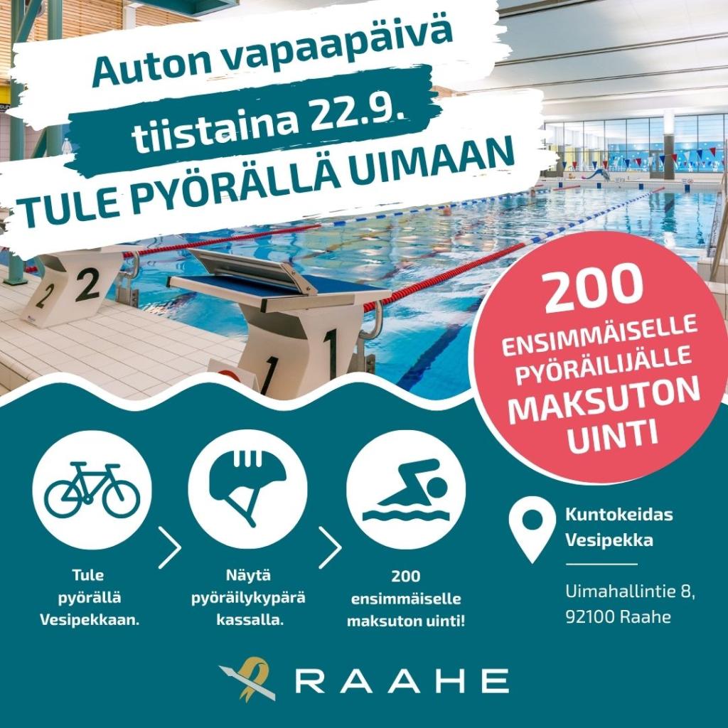 Grafiikka, jossa teksti. Auton vapaapäivä tiistaina 22.9. tule pyörällä uimaan.