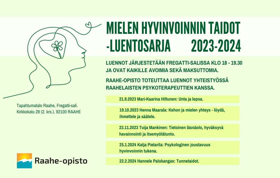 Mielen hyvinvoinnin taidot -luennot Kuvassa Mielen hyvinvoinnin taidot -luentoaiheet kirjoitettuna.