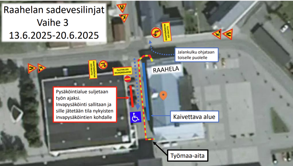 Raahelan kortteli Palokunnankadusta suljetaan liikenteeltä remontin vuoksi. Kartta työmaa-alueesta.