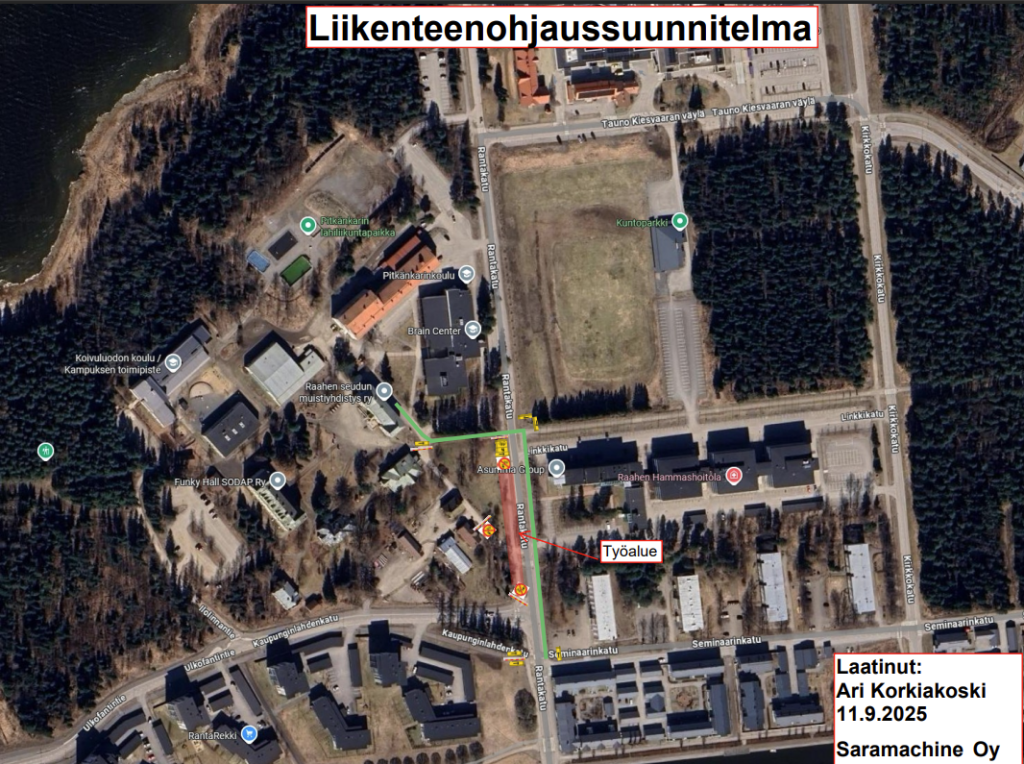 Liikenteenohjaussuunnitelma Rantakadun työmaan ajaksi. Kartta työmaa-alueesta.