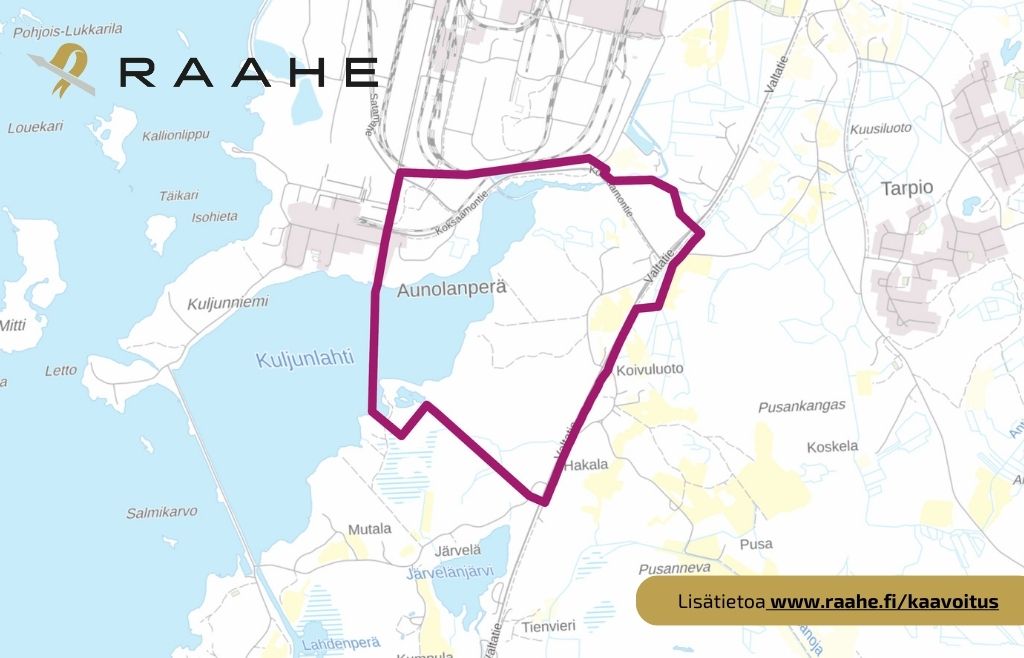 Osayleiskaava-alueen rajaus. Kuva: Raahen kaupunki. Ote taustakartasta, jossa osayleiskaava-alueen rajaus.