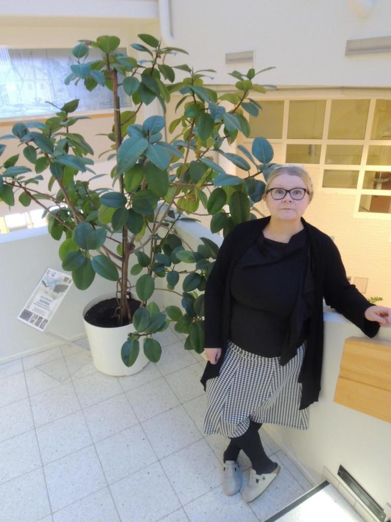 Kulttuuripalvelupäällikkö Piritta Rossi. Kuva: Heikki Ylikulju Nainen nojaa kädellä kaiteeseen.