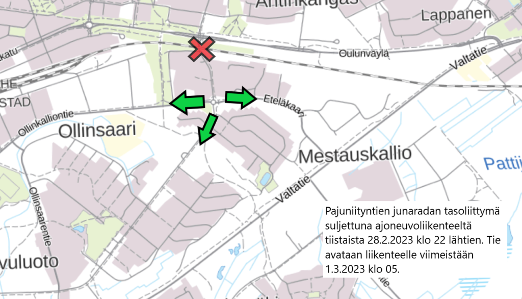 Kartalle merkattu punaisella rastilla suljettu tienkohta ja vihreillä nuolilla kiertoreitit.