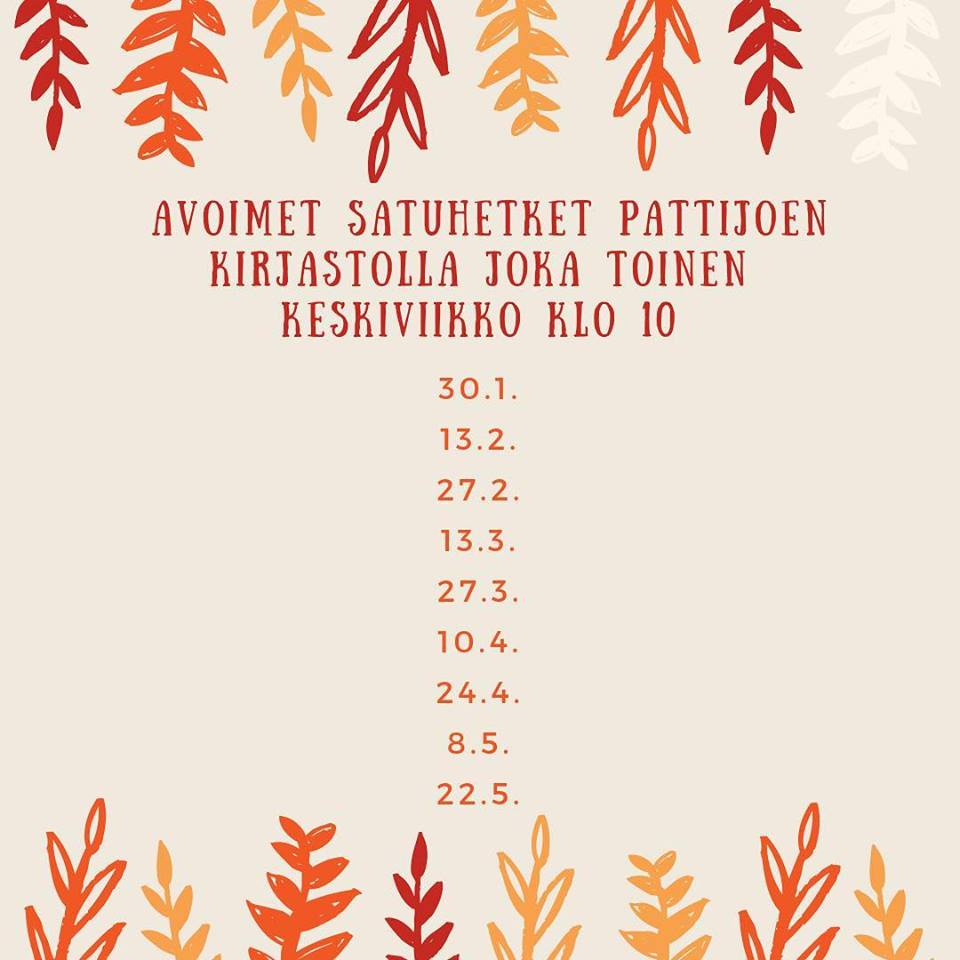 Pattijoen satuhetket Ylä- ja alareunassa ruskean erisävyisiä piirrettyjä puunlehtiä ja keskellä satuhetkien päivämäärät alekkain