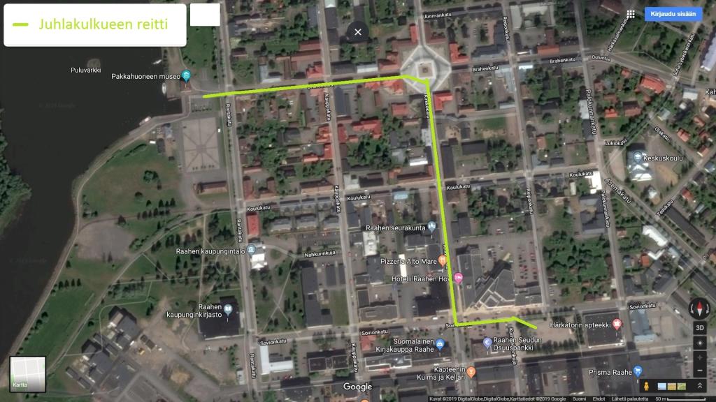 Pekanpäivien juhlakulkueen reitti Sovionkatu - Härkätorinpuisto – Kirkkokatu – Pekkatori – Brahenkatu.