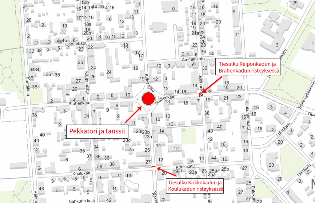 Kirkkokatu ja Brahenkatu suljetaan lauantaina 27.6.2026 klo 19:30 - 24:00 Pekkatorilla järjestettävien Pekkatanssien vuoksi.