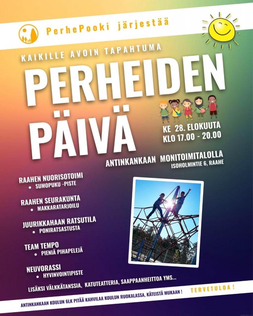 Kuva: Henri Ylikulju, opetustoimi Tiedot perheiden päivän aikatauluista, kuvituksena kiipeileviä lapsia.