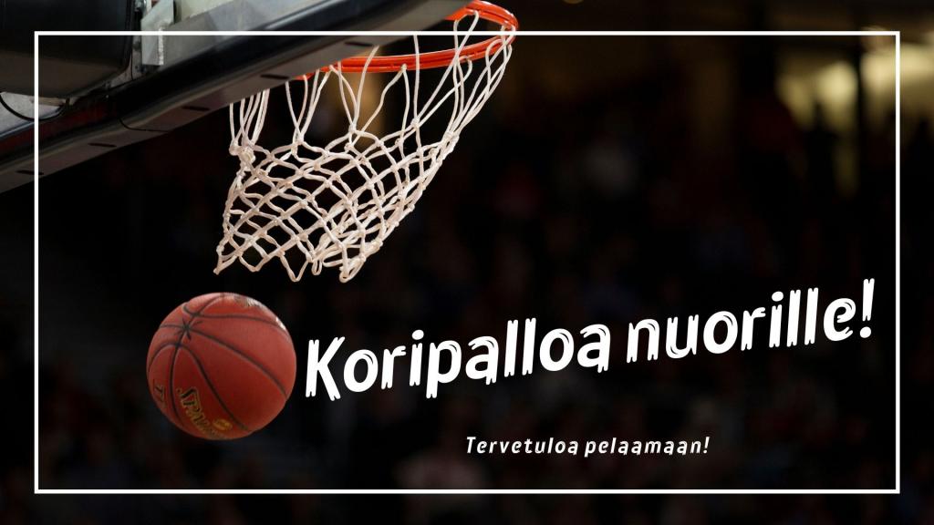 Tule pelaamaan kanssamme koripalloa sunnuntaisin. Kuva: Canva, Markus Spiske, brändiltä Pexels. Kuvassa koripallo ja koripallokori. Kuvassa teksti: Koripalloa nuorille! Tervetuloa pelaamaan!