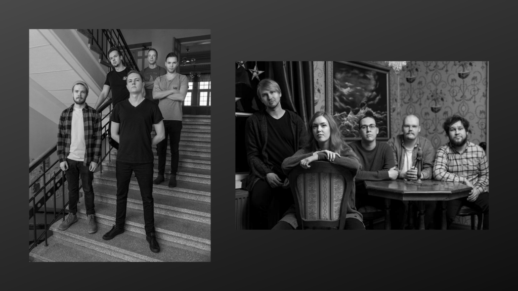 Rock Academy Raahe -hankkeessa mukana olevat bändit. Kuvan vasemmalla puolella The Heatons ja oikealla puolella merops.