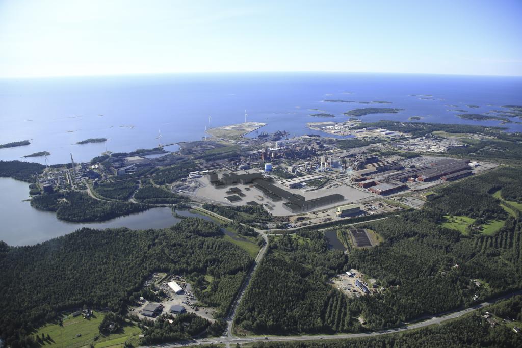 Kuva: SSAB. Ilmakuvassa mallinnettu SSAB Raahen tehtaan tulevaisuuden tuotantotilat.