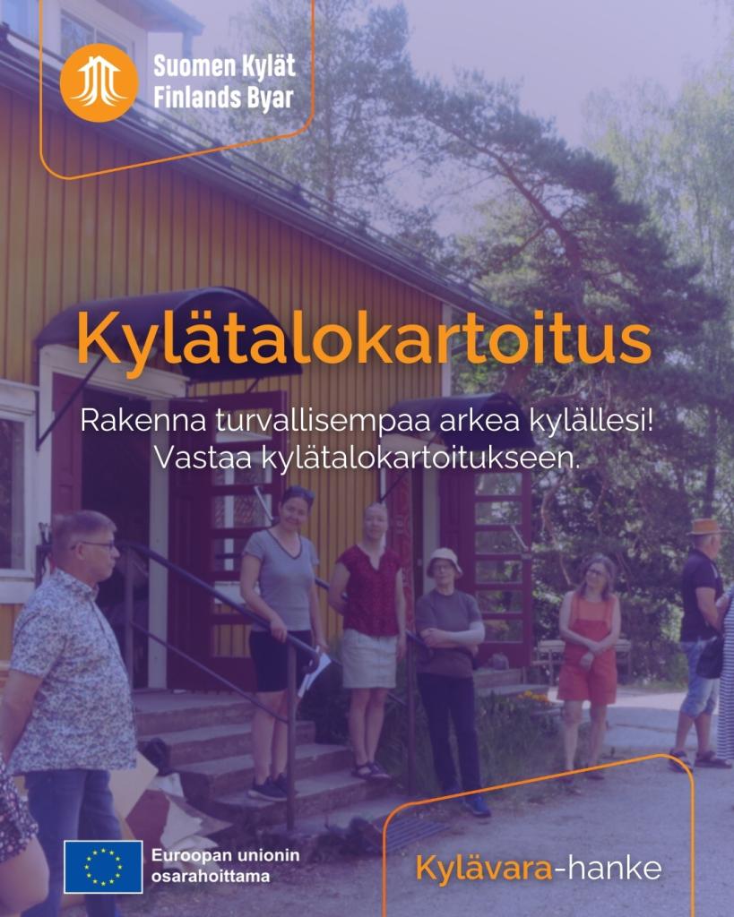 Kuva: Kylävara -hanke. Kuvassa teksti: Kylävarakartoitus ja kuva kylätalosta, jossa ihmisiä verannalla.