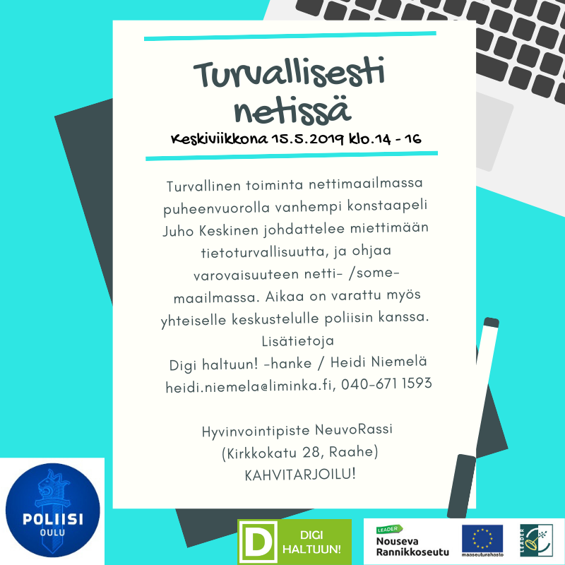 Turvallisesti netissä -tilaisuuden esite. Tilaisuuden kuvaus sekä järjestäjän ja hankkeen rahoittajien logot.