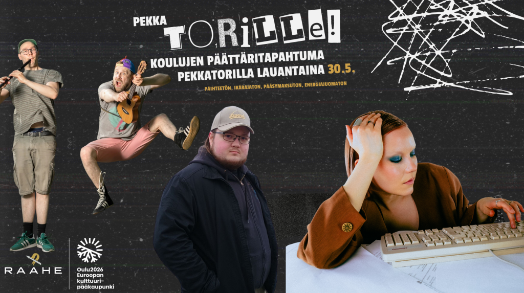 Kuvassa on neljä nuorta henkilöä, joista kaksi soittaa soittimilla. Tyttö on tietokoneella.