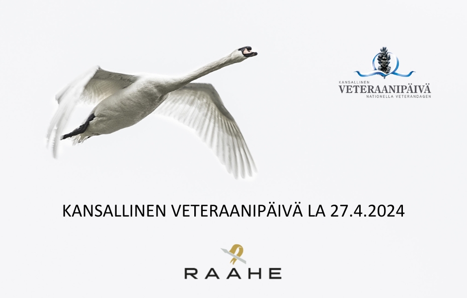Kansallinen veteraanipäivä lauantaina 27.4.2024. Kuvassa lentävä joutsen, veteraanipäivän sekä Raahen kaupungin logot.