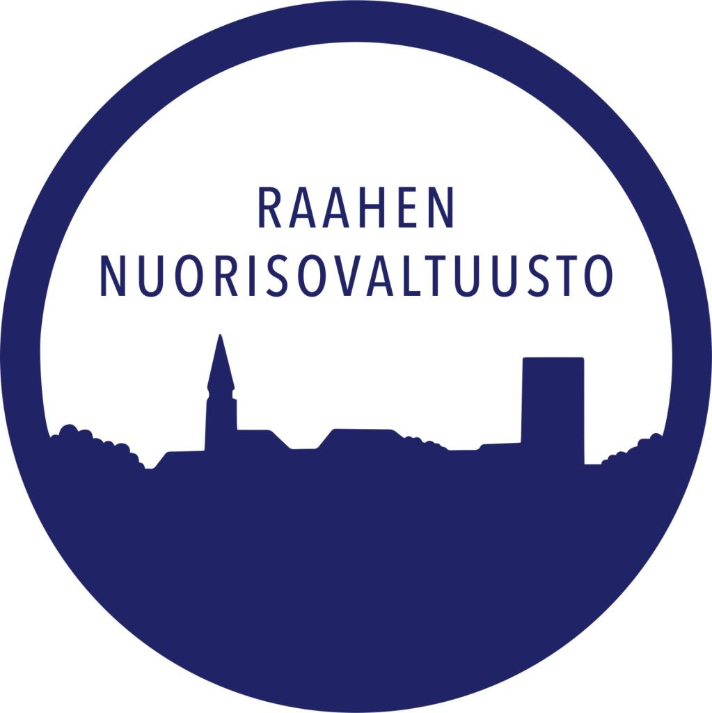 Nuorisovaltuuston logo, jossa ympyrän sisällä näkyy kaupungin siluetti ja teksti Raahen nuorisovaltuusto tummansinisellä.