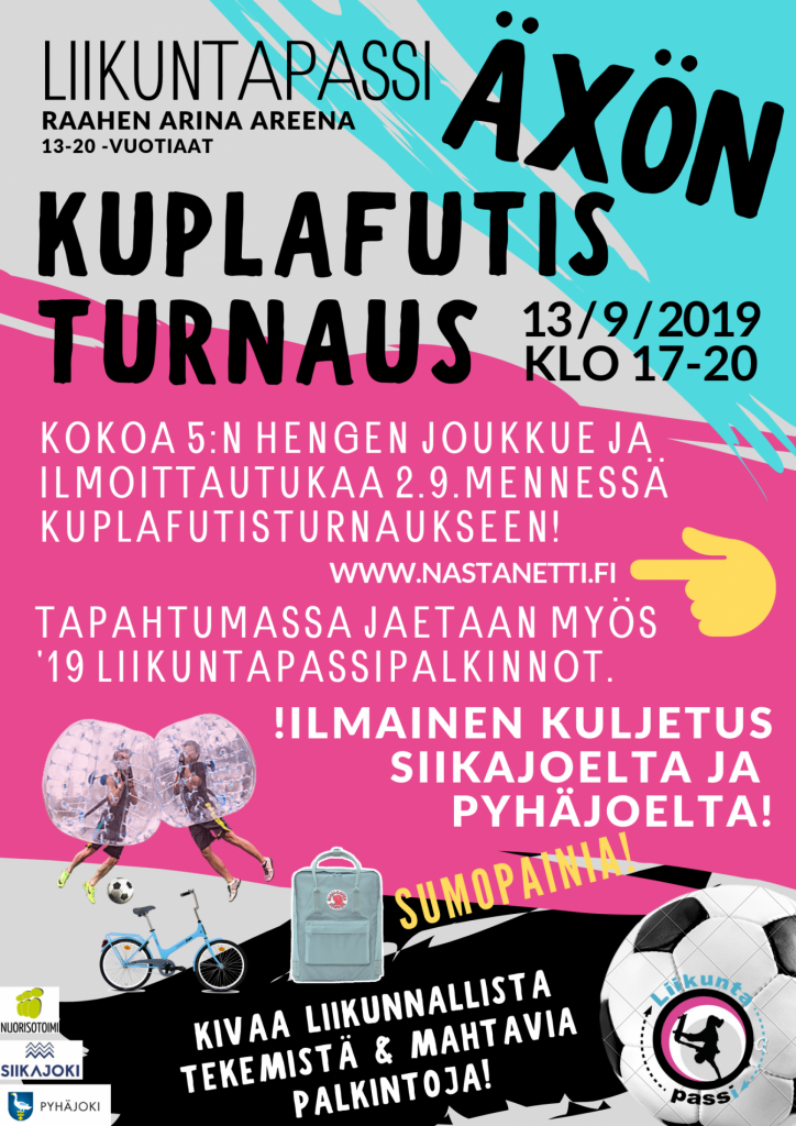 Kerää joukkue ja osallistu kuplafutisturnaukseen! Kuva: Liikuntatoimi. Monivärinen esite turnaustietoineen, kuvituksena jalkapallo.