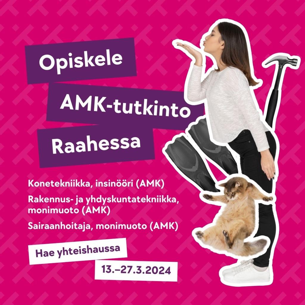 Pinkillä taustalla leikekuvat nuoresta henkilöstä, kissasta, uimaräpylöistä ja vasarasta.