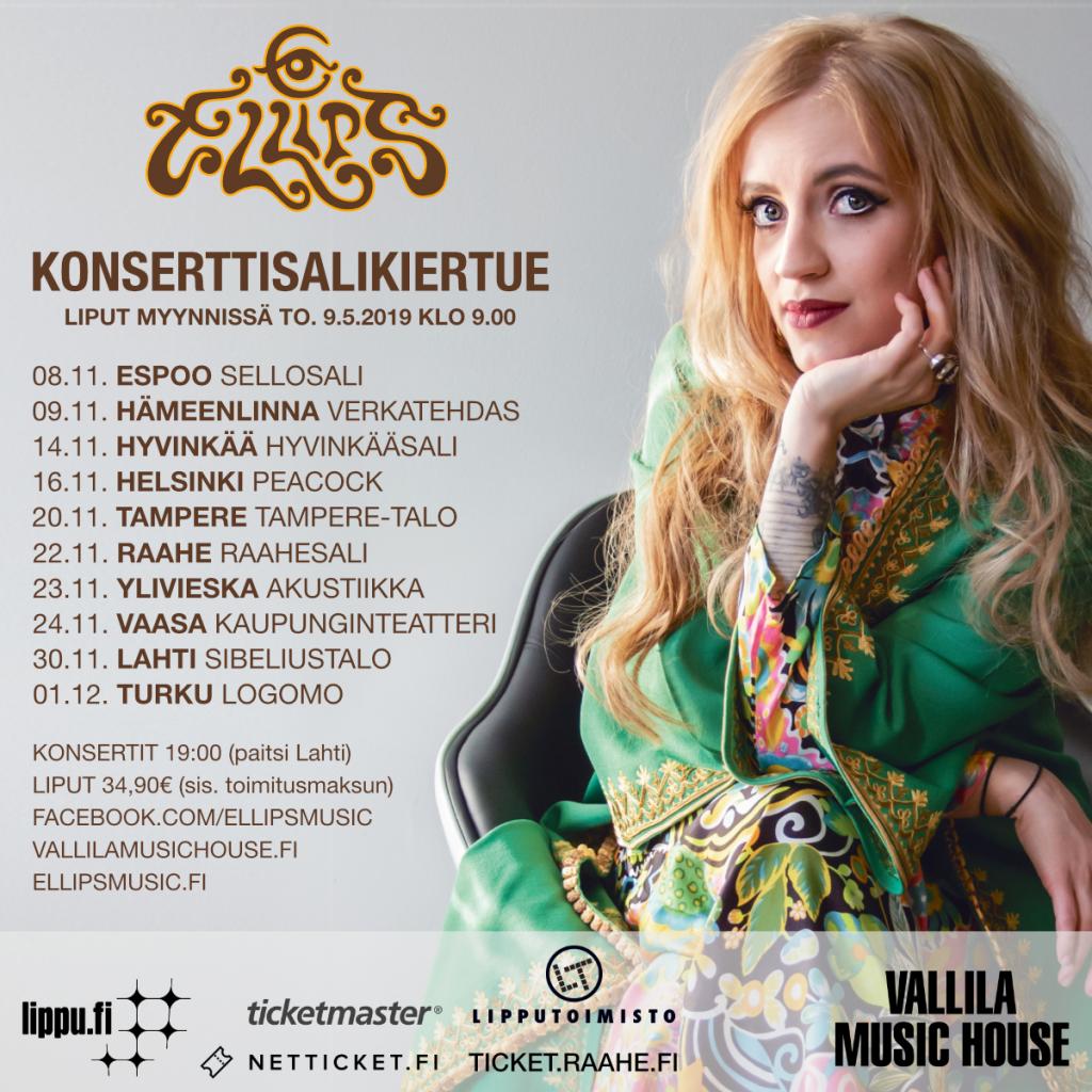 Ellips -konserttisalikiertue. Kuva: Raahen kulttuuripalvelut. Aikatauluun liittyvät tekstit, kuvituksena naisartisti.