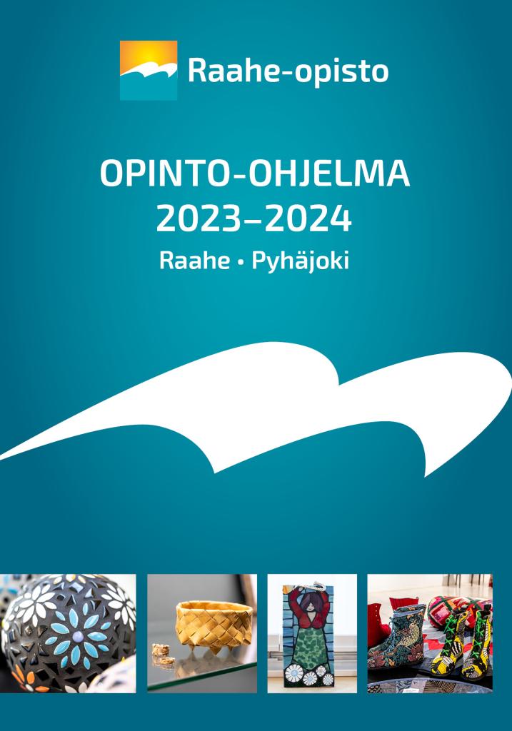 Opinto-ohjelman kansikuva jossa sinisellä pohjalla näyttelykuvia ja Raahe-opiston logo