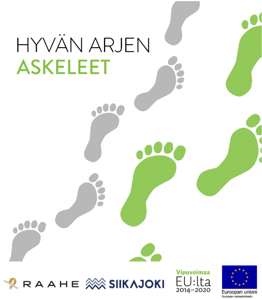 Hyvän arjen askeleet -hankkeen logo sekä rahoittajat. Kahdenvärisiä jalanjälkiä.