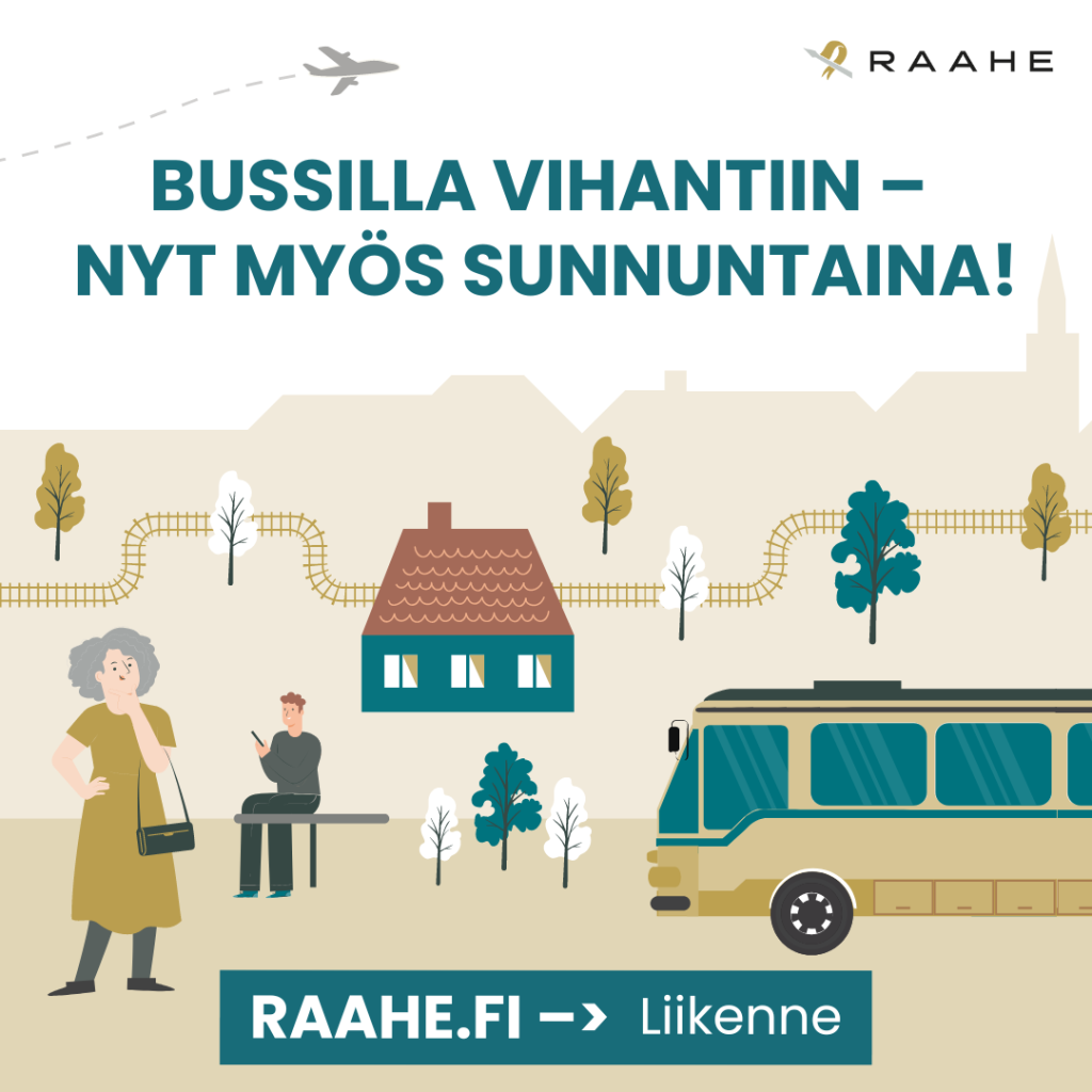 Joukkoliikenne-grafiikkaa sekä teksti "Bussilla Vihantiin - nyt myös sunnuntaina!".
