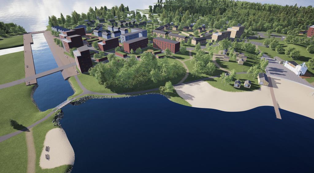 3D-mallinnus suunnittelualueesta. Kuva: Tuomas Mämmelä. Luonnonläheinen uusi asuinalue meren äärellä.