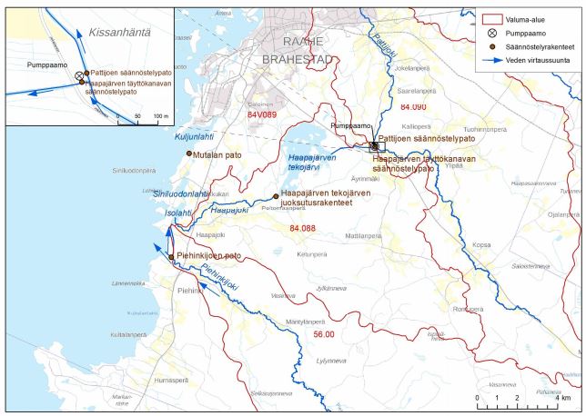 Patti-, Piehingin- ja Haapajoen säännöstelyrakenteet kartalla