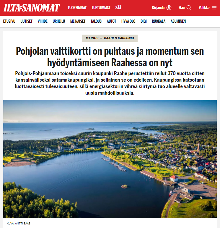Raahen kaupungilla on käynnissä kolme nativiimarkkinointikampanjaa, joista kaksi on osoitteessa iltasanomat.fi. Kuvakaappaus Raahen natiivikampanjasta Ilta-Sanomien kotisivuilta.
