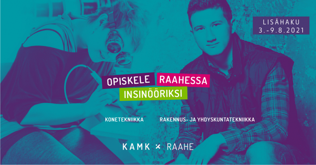 Kuva: WTF Design Oy. Kaksi henkilöhahmoa sinisellä taustalla, teksti opiskele insinööriksi Raahessa.