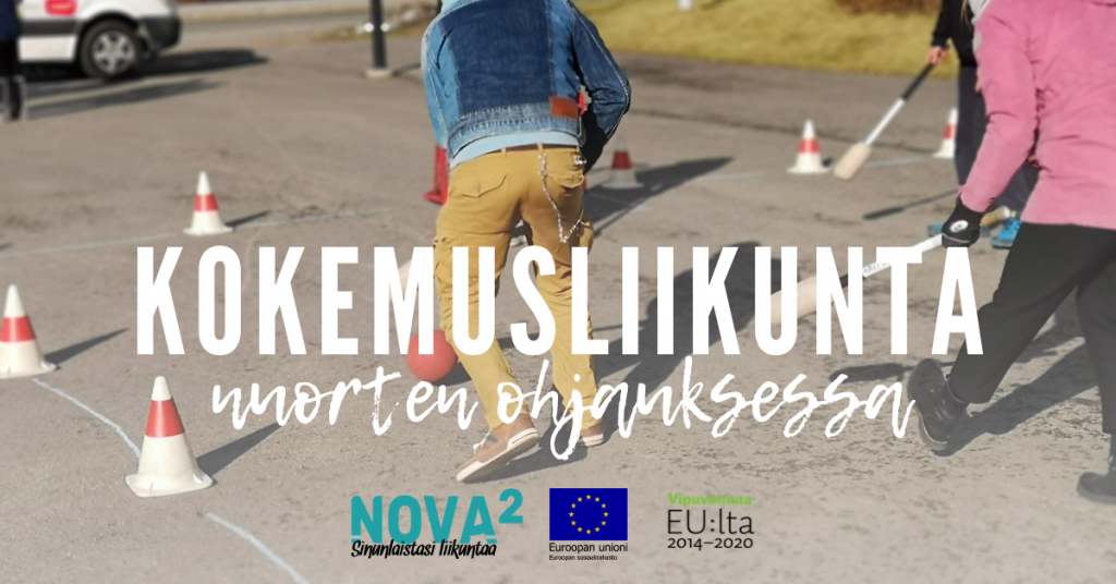Raahessa koulutetaan kokemusliikuntaan syyskuussa. Kuva: Pohjois-Pohjanmaan liikunta ry. Esitetekstinä: Kokemusliikunta nuorten ohjauksessa ja hankkeen rahoittajien logot.