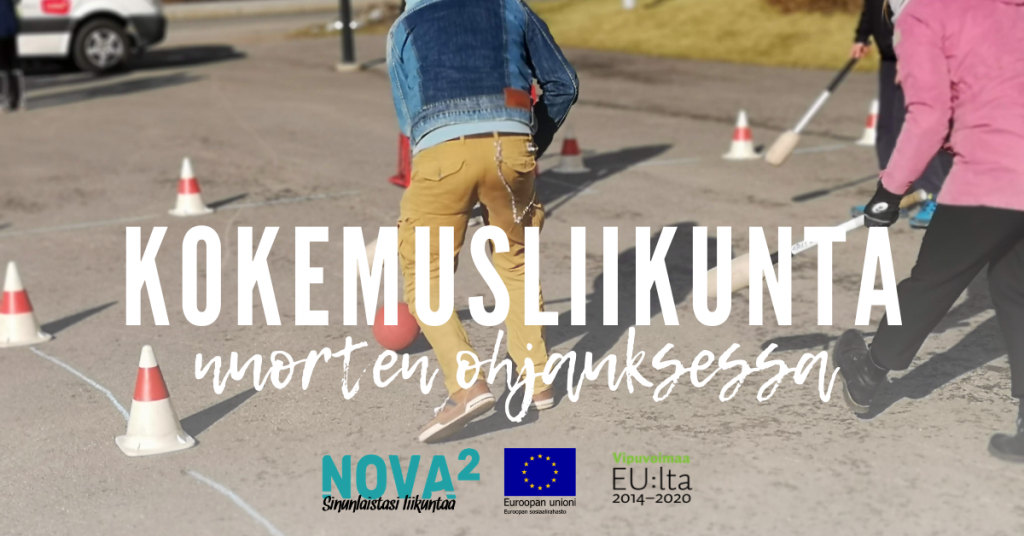 Esitetekstinä: Kokemusliikunta nuorten ohjauksessa ja hankkeen rahoittajien logot.