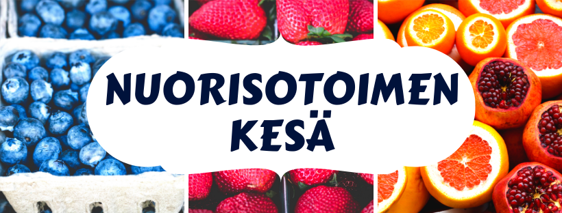 Nuorisotoimen kesä Kuvassa hedelmäpohjalla teksti nuorisotoimen kesä.