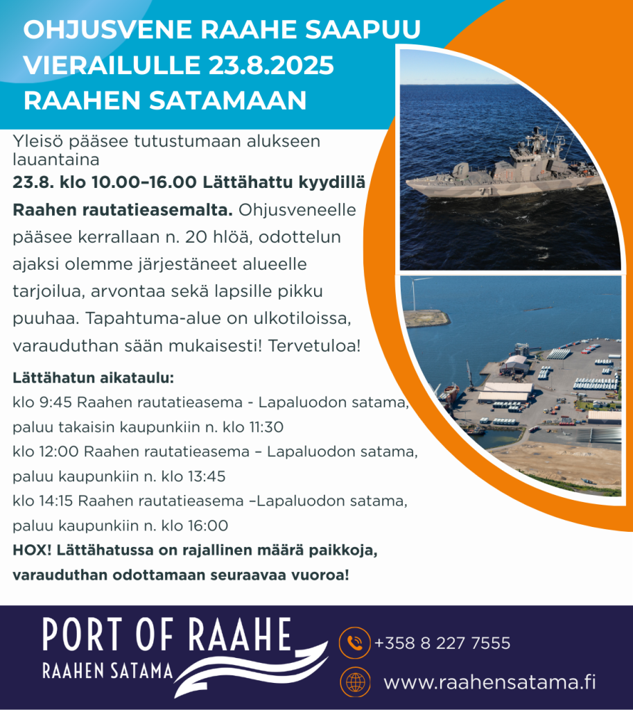Ohjusvene Raahe saapuu vierailulle Raahen Satamaan 23.8.2025.