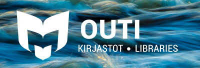 Outi-kirjastojen logo Taustalla meri ja kolme erikokoista avointa kirjaa päällekkäin sekä vieressä teksti Outi