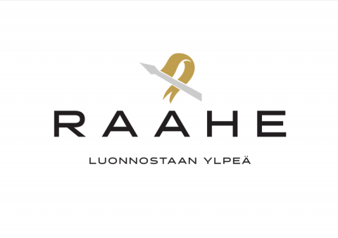 Raahen uusi logo ja Luonnostaan ylpeä -slogan. Logossa vahva Raahe-teksti, minkä yläpuolella tyylitelty kaupungin viiri.
