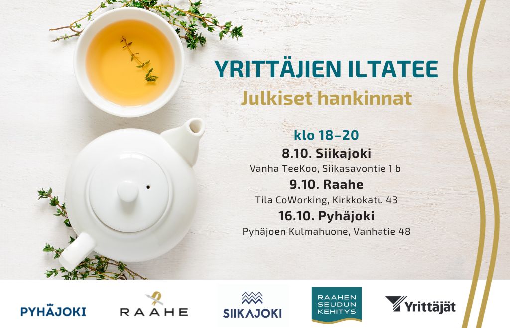 Tapahtuman tiedot ja taustalla teekuppi ja -pannu.