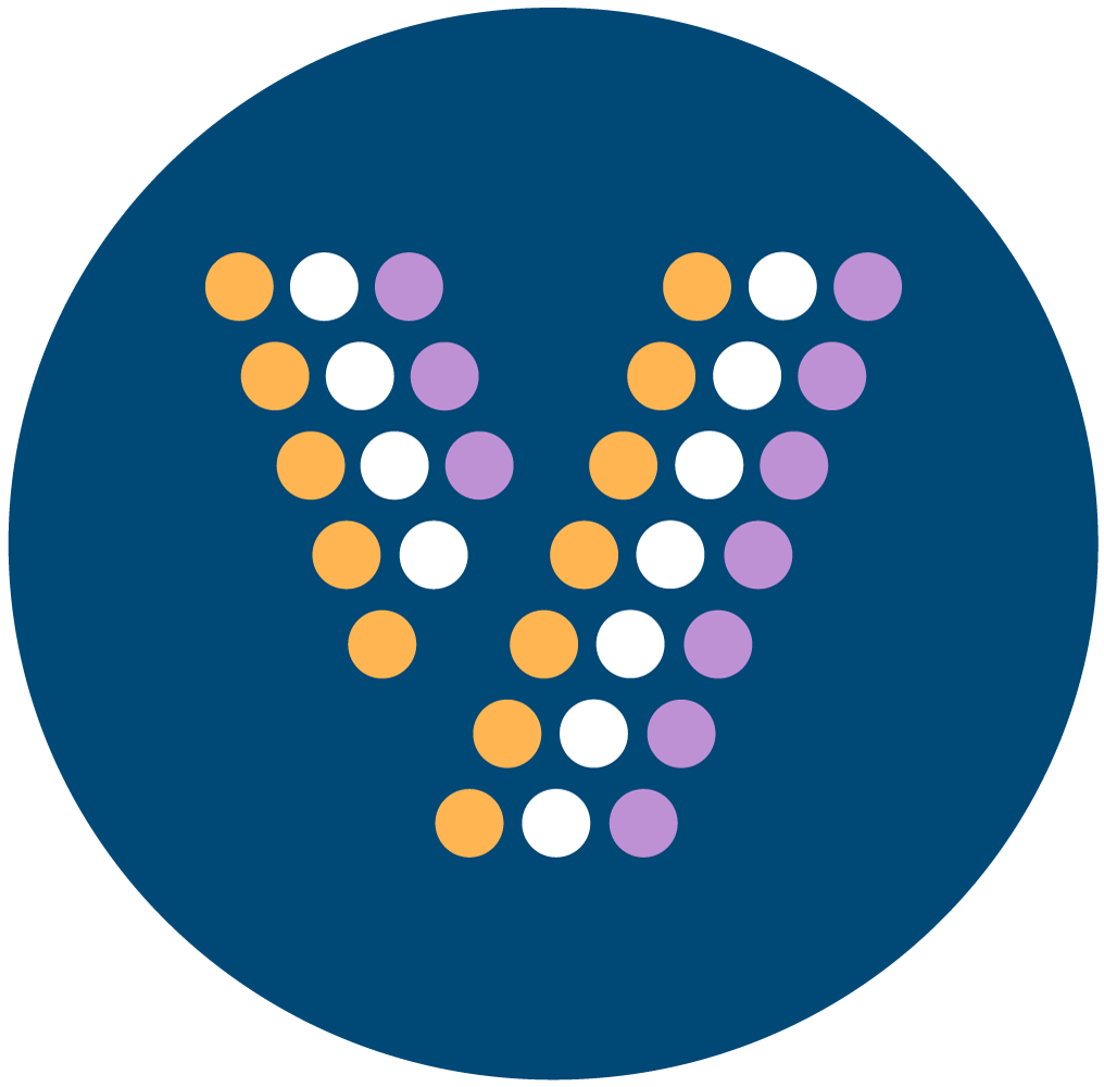 Vaalien symboli, ympyröistä muodostuva v-kirjain sinisellä pohjalla.