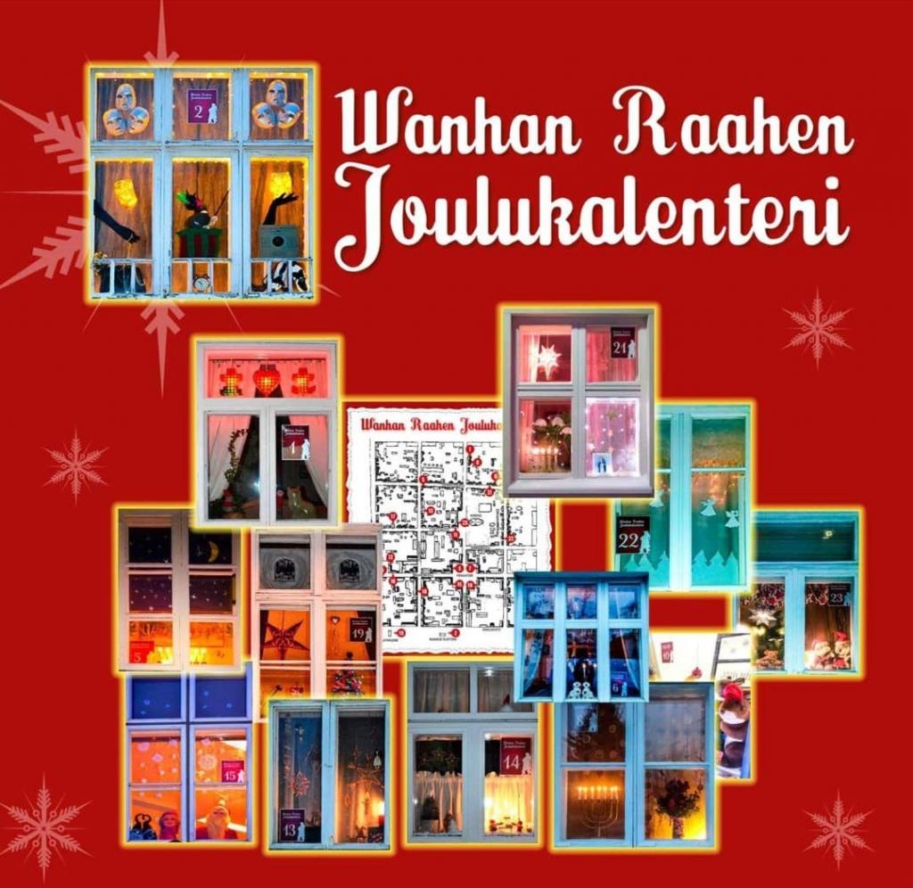 Wanhan Raahen Joulukalenterin 2019 kohteita etsitään. Wanhan Raahen Joulukalenterin kuvaesite, punaisella taustalla kalenteriluukkuja.