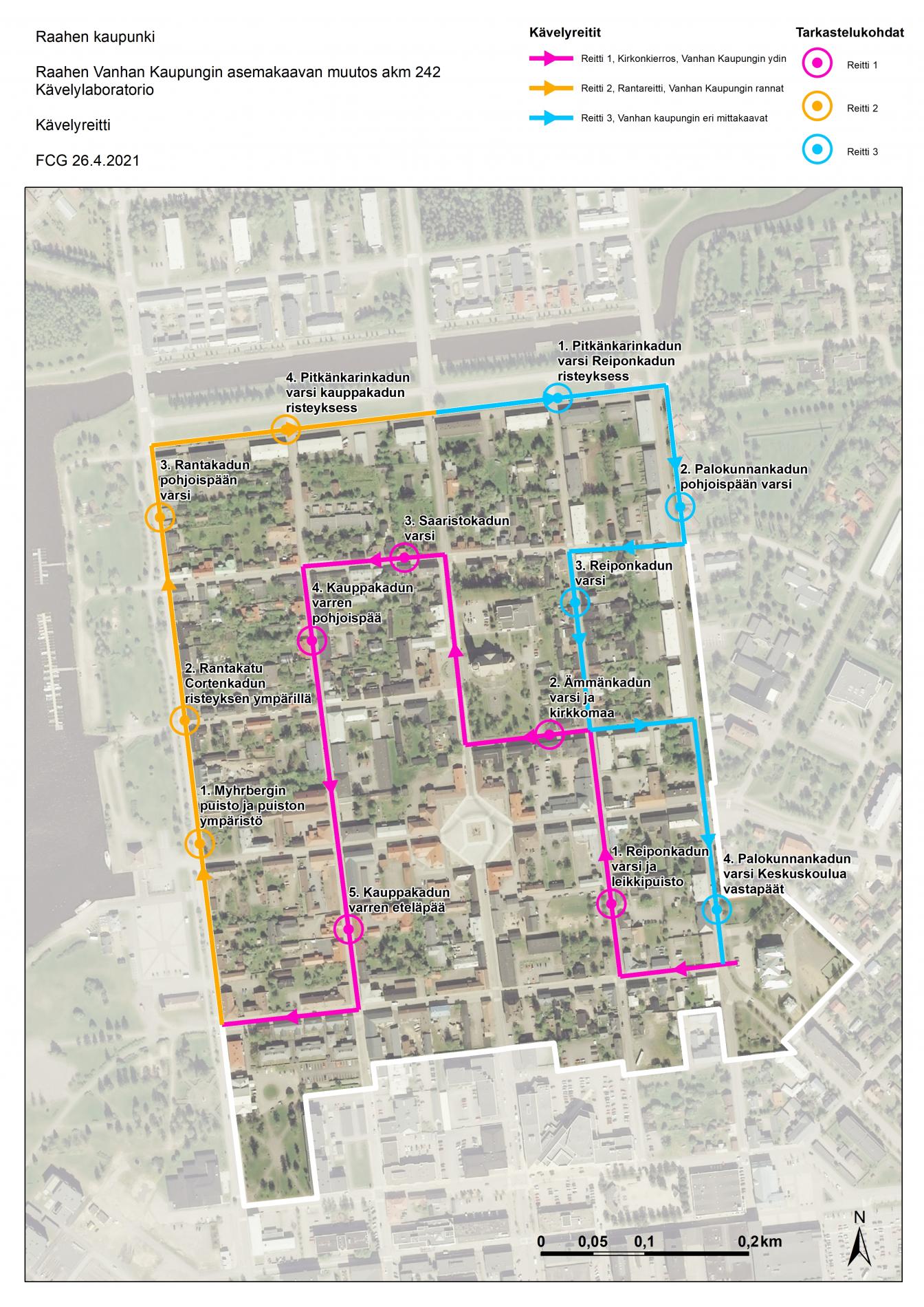 Raahen vanhan kaupungin kävelylabran reittikartta. FCG 26.4.2021.