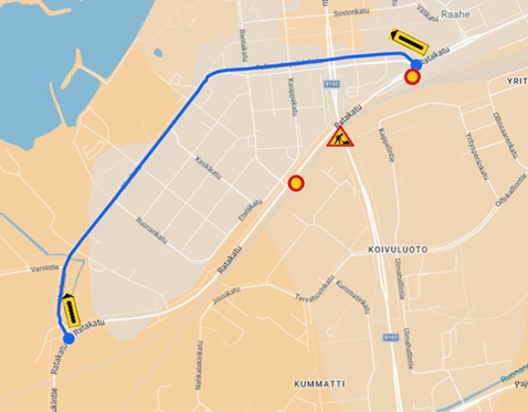 Kartta työmaa-alueen vaikutuksista ajoneuvoliikenteelle.
